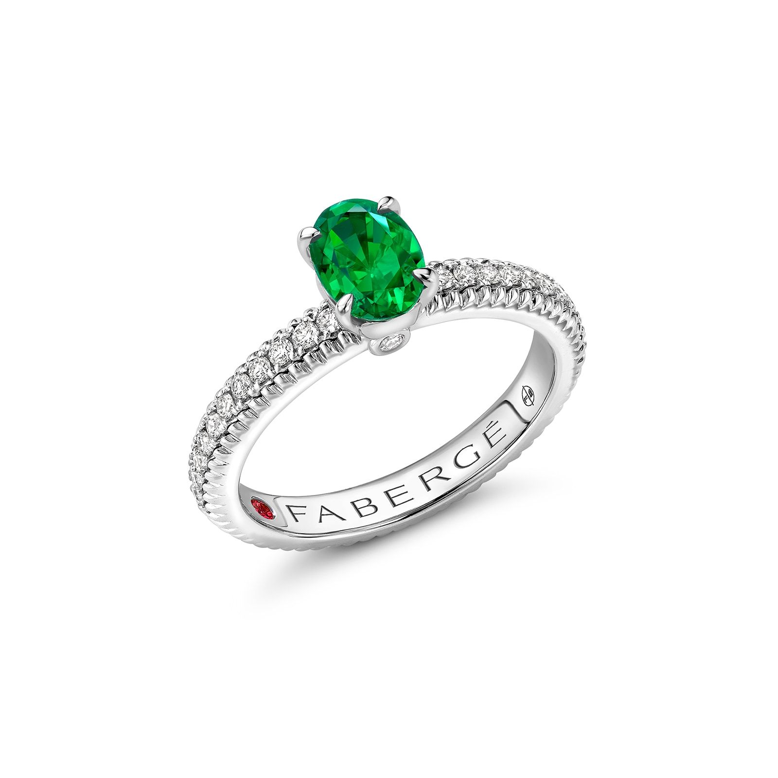 Fabergé Love By Faberge 18ct White Gold Emerald Fluted Ring with Diamond Set Shoulders