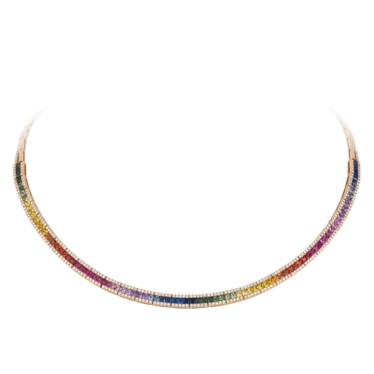 Chic Multi Sapphire Diamond 18K Rose Gold Necklace