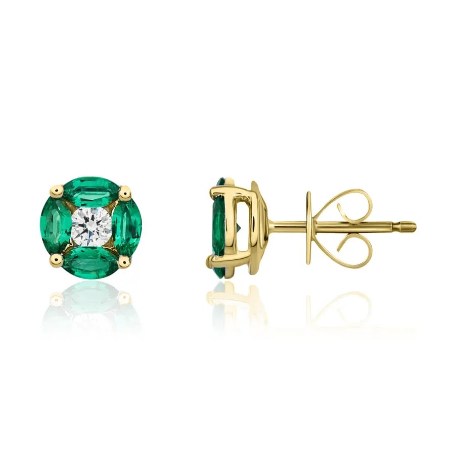 18CT Yellow Gold Emerald & Diamond Cluster Earrings