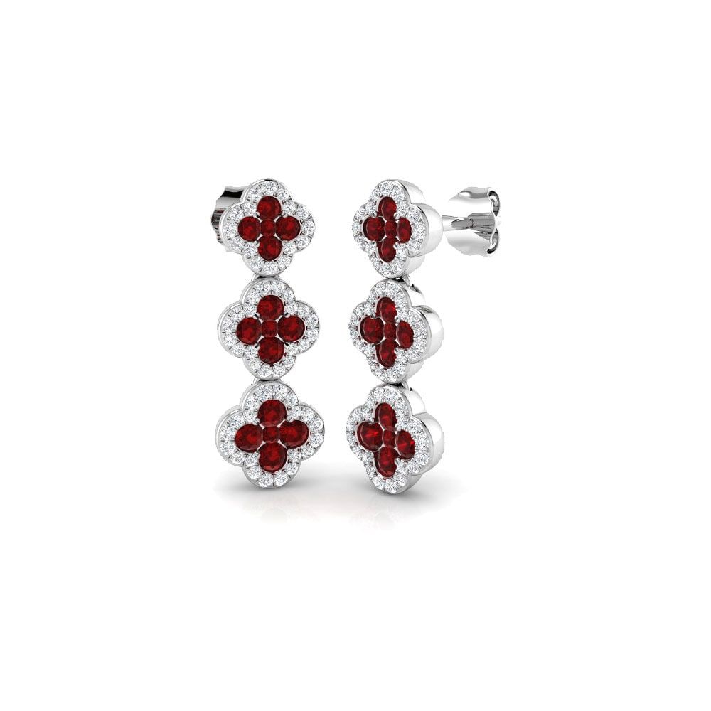 18K White Gold Round Ruby Clover Stud Earring