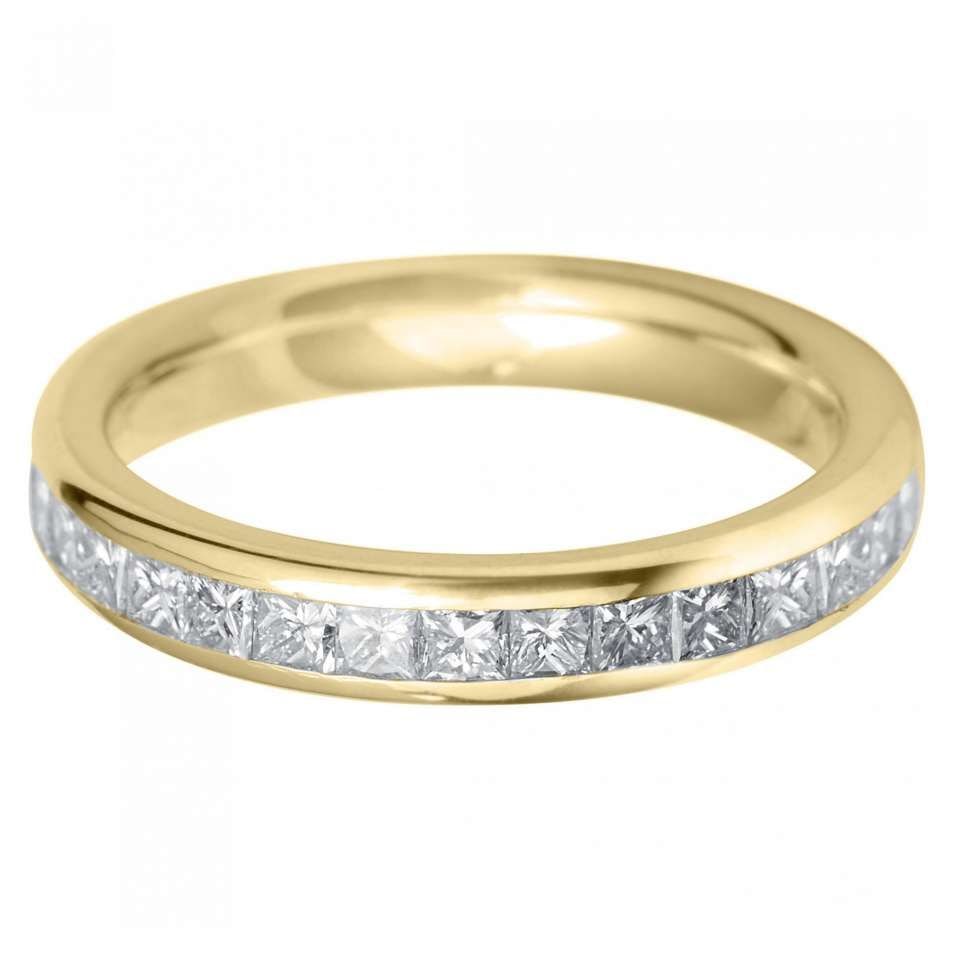 18ct Yellow Gold 3.5mm Court Wedding Ring With Channel Set Princess Cut Diamonds