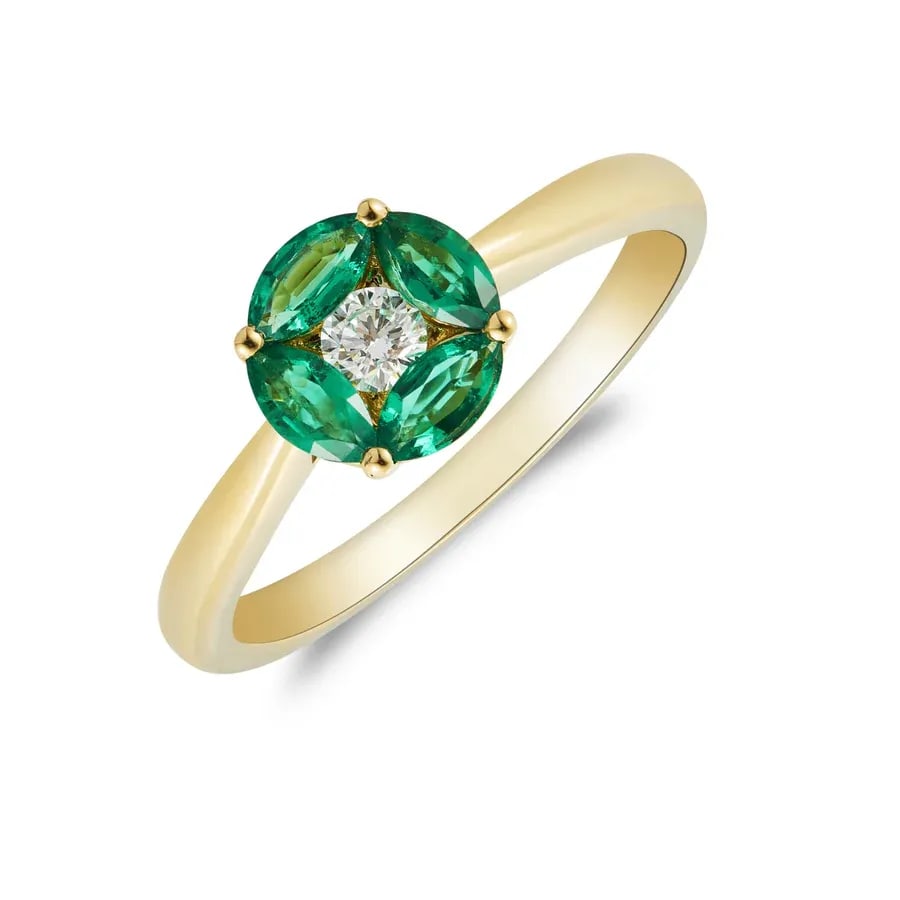 18ct Yellow Gold Emerald & Diamond Cluster Ring 02-13-060