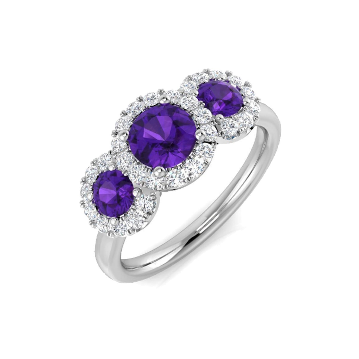 9ct White Gold 1.12ct RBC Amethyst Three-Stone Halo Ring