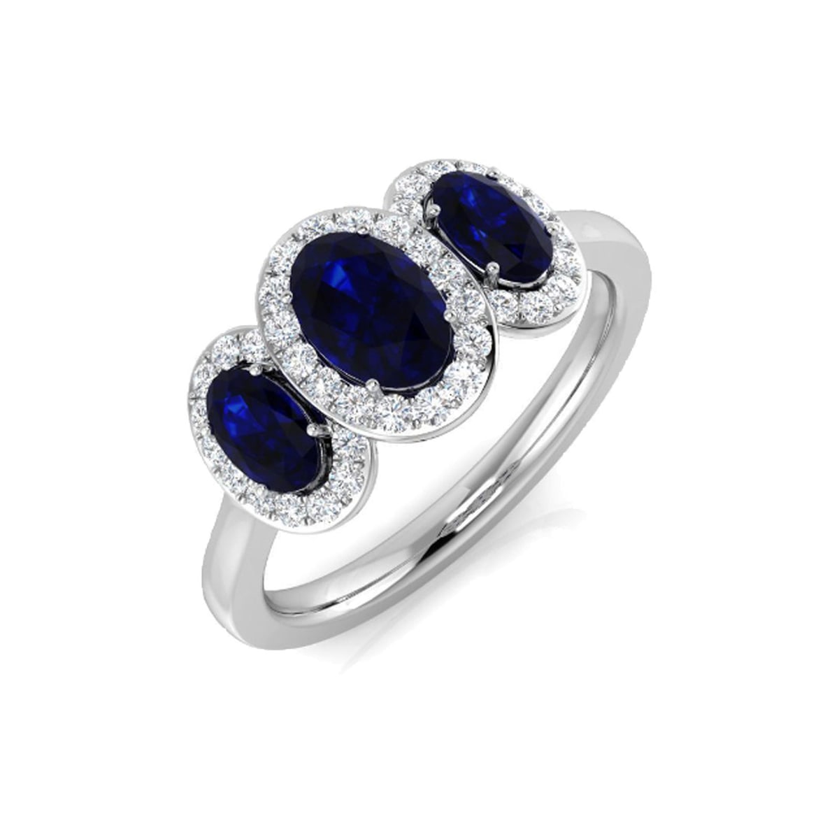 Platinum 1.45ct Oval Cut Sapphire Three-Stone Halo Ring