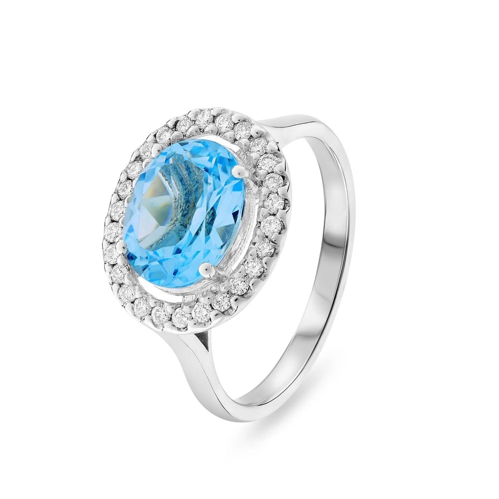 Platinum Diamond and Blue Topaz Halo Cluster Ring