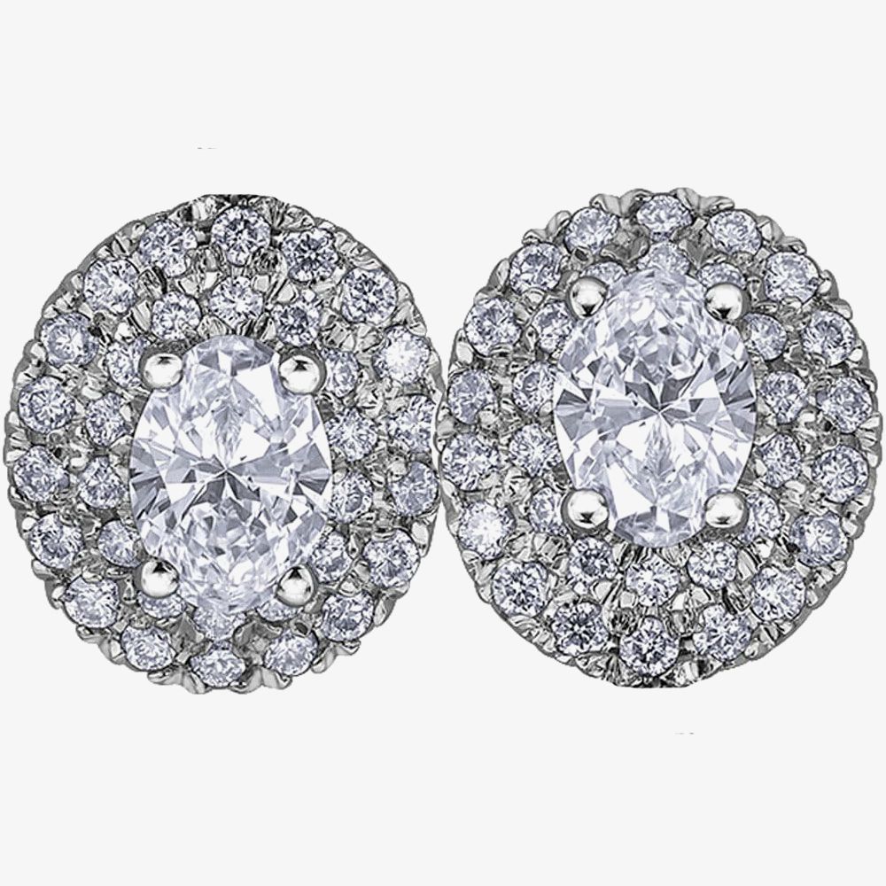 18ct White Gold 0.75ct Oval-cut Diamond Halo Cluster Stud Earrings