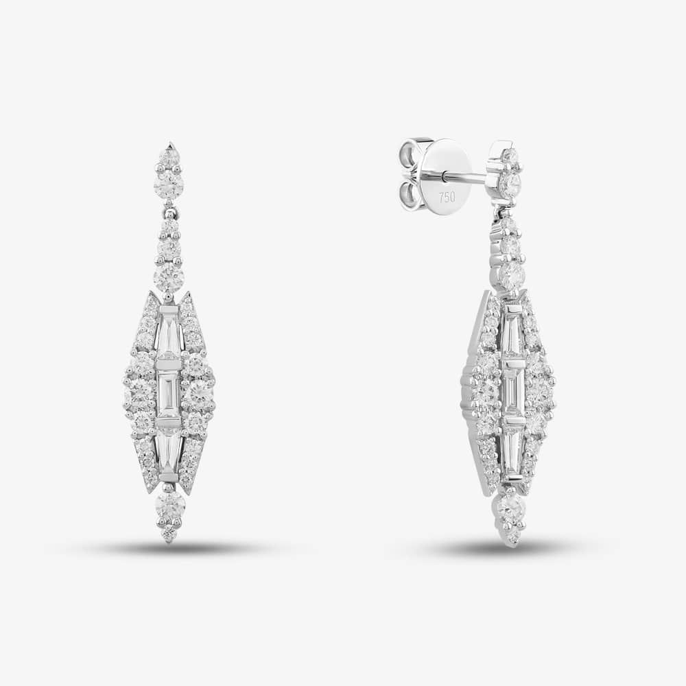 18ct White Gold 1.75ct Baguette & Brilliant Cut Diamond Dropper Earrings
