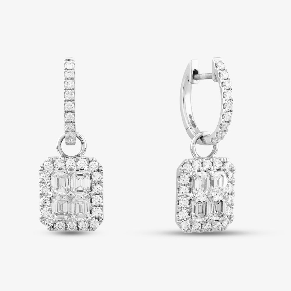 18ct White Gold Brilliant & Emerald Cut Diamond Hoop Dropper Earrings