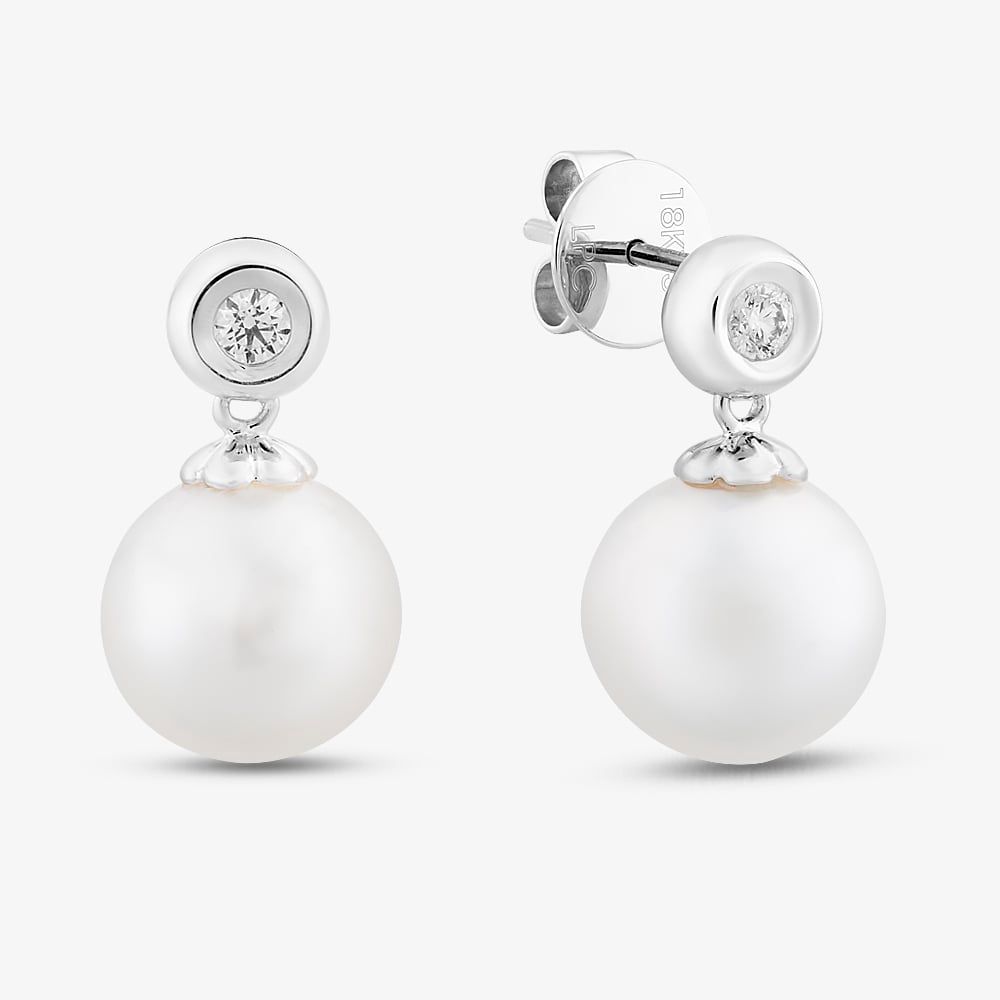 18ct White Gold Diamond & Freshwater Pearl Drop Earrings