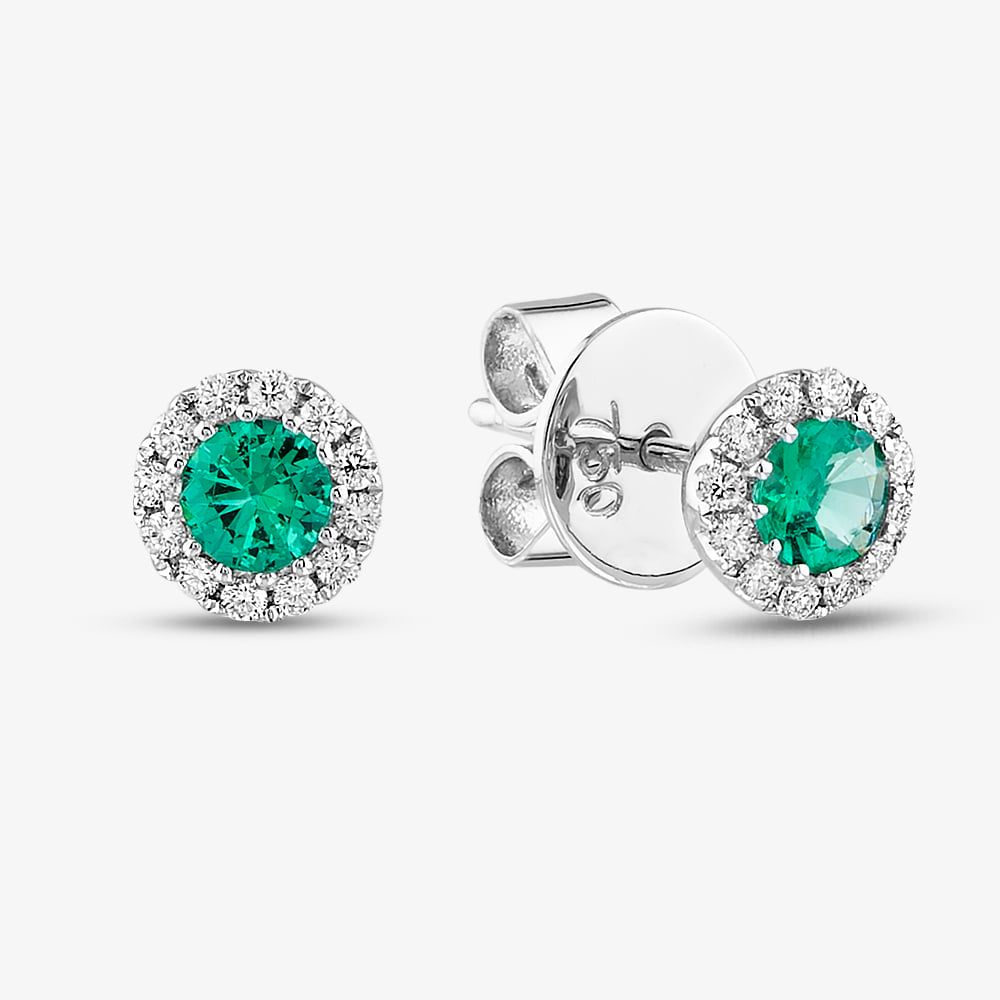 18ct White Gold Emerald & Diamond Cluster Stud Earrings