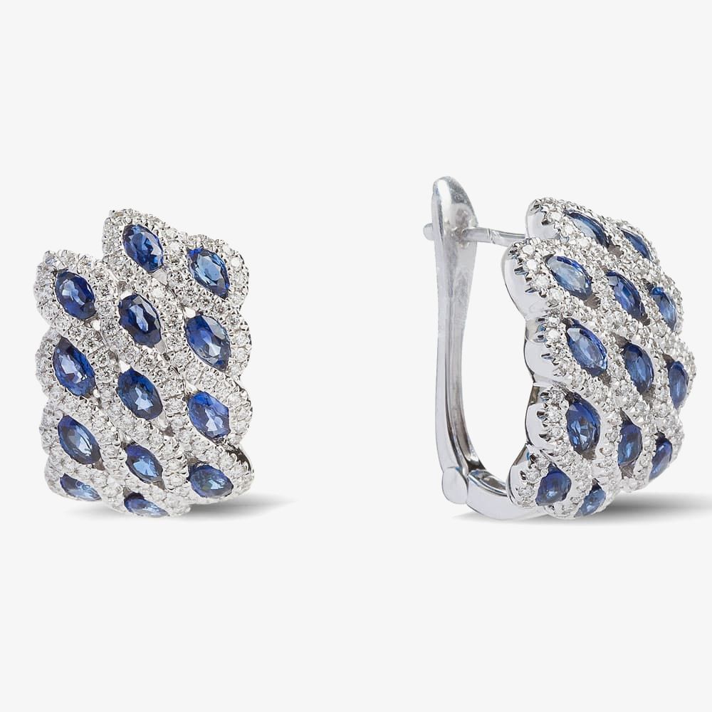 18ct White Gold Marine Sapphire and Diamond Wave Cluster Earrings