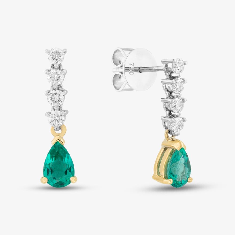 18ct Yellow Gold 0.72ct Pear Cut Emerald & 0.30ct Brilliant Cut Diamond Dropper Earrings