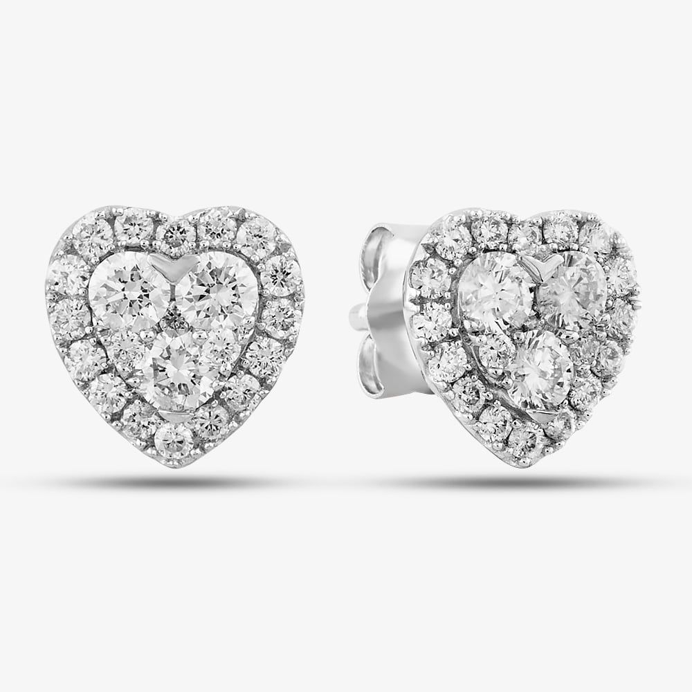 9ct White Gold Diamond Heart Shape Cluster Stud Earrings
