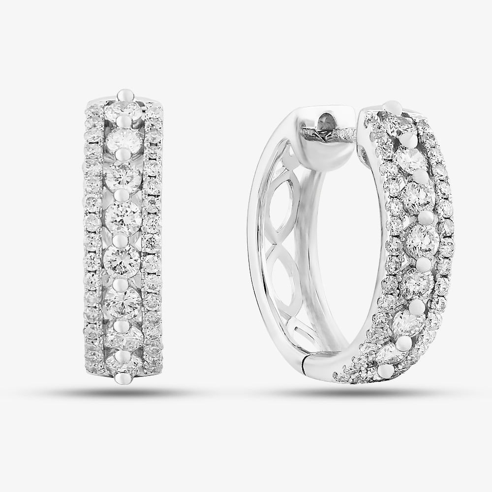 9ct White Gold Diamond Three Row Hoop Earrings