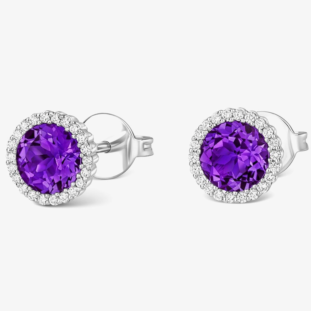 Tivon 18ct White Gold Amethyst & Diamond Round Cluster Stud Earrings