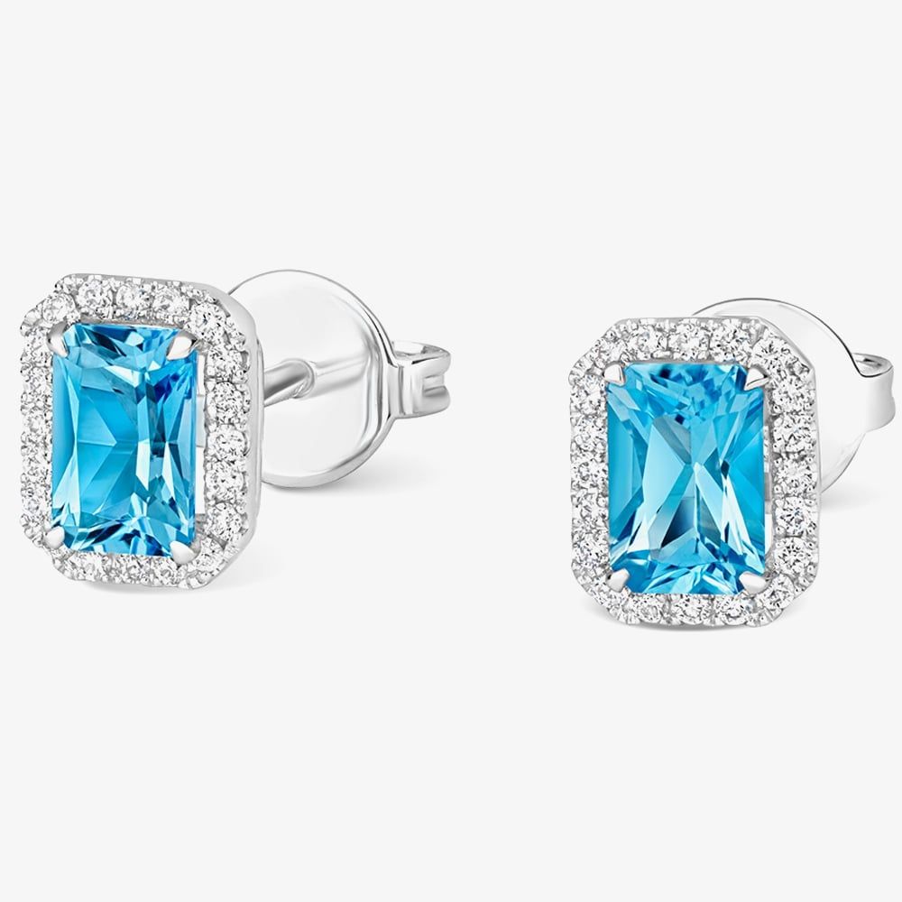 Tivon 18ct White Gold Blue Topaz & Diamond Cluster Stud Earrings