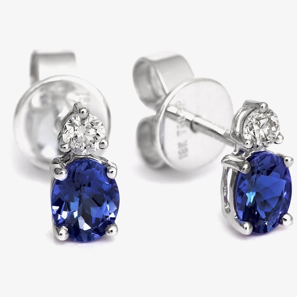 Tivon 18ct White Gold Oval Tanzanite & Diamond Stud Earrings