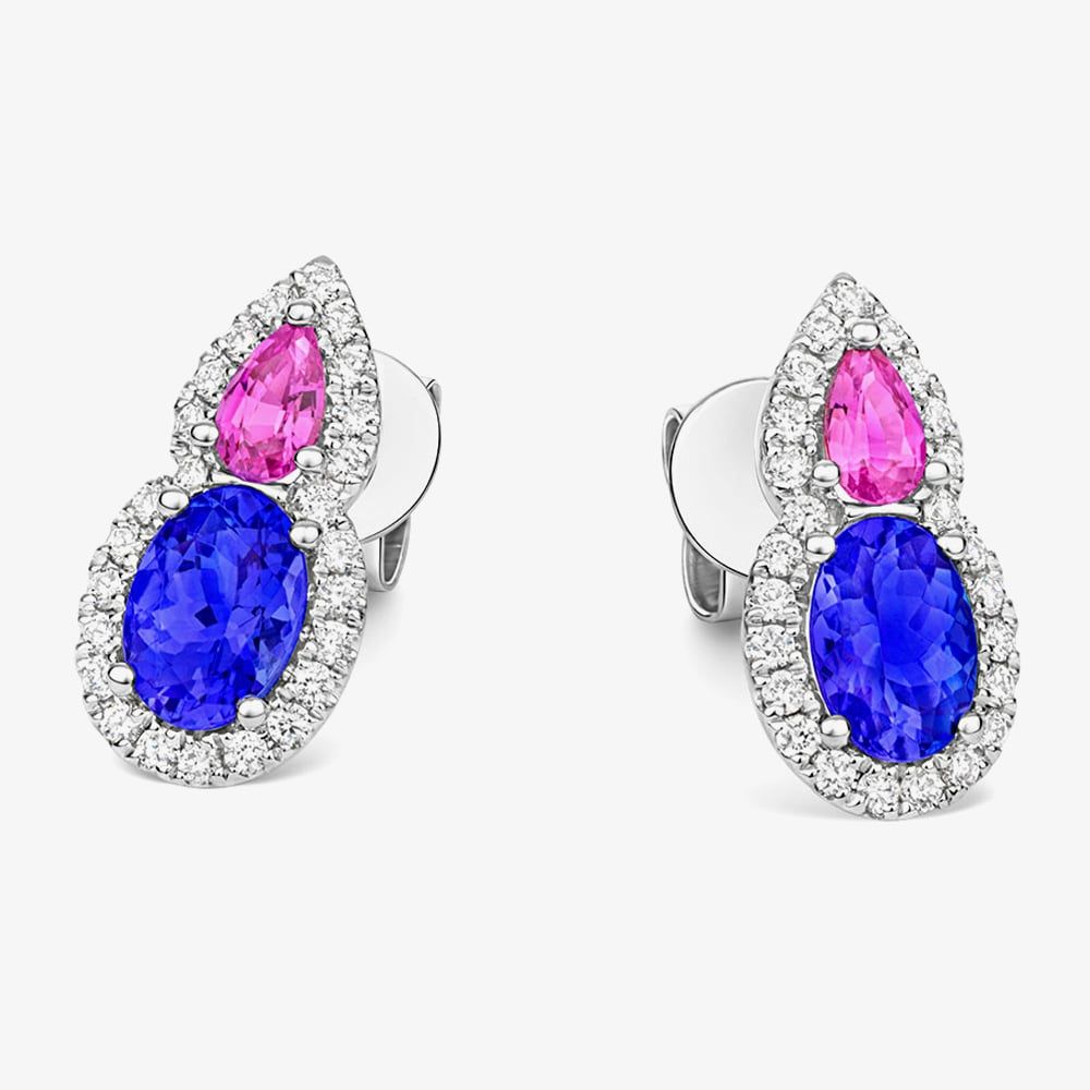 Tivon 18ct White Gold Tanzanite Pink Sapphire and Diamond Cluster Stud Earrings