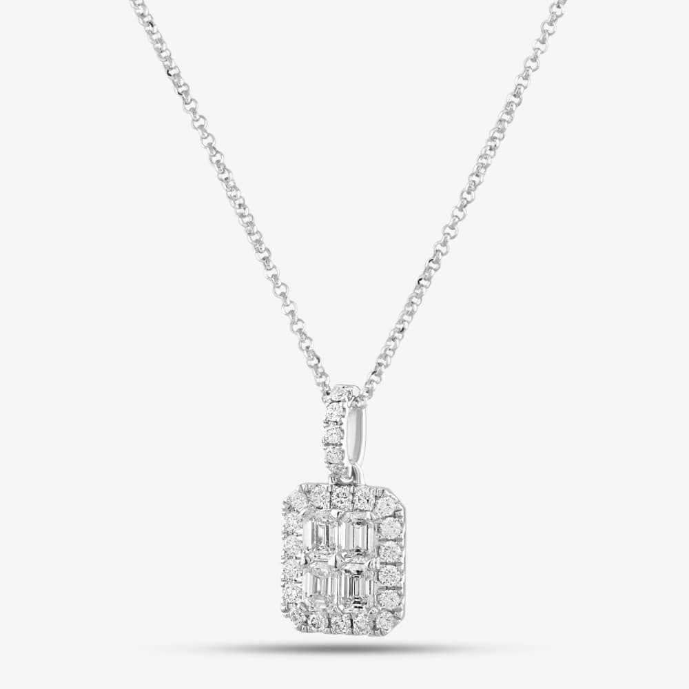 18ct White Gold Emerald & Brilliant Cut Diamond Octagonal Pendant Necklace