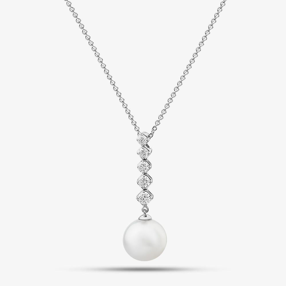 18ct White Gold Freshwater Pearl & Five Diamond Drop Necklace
